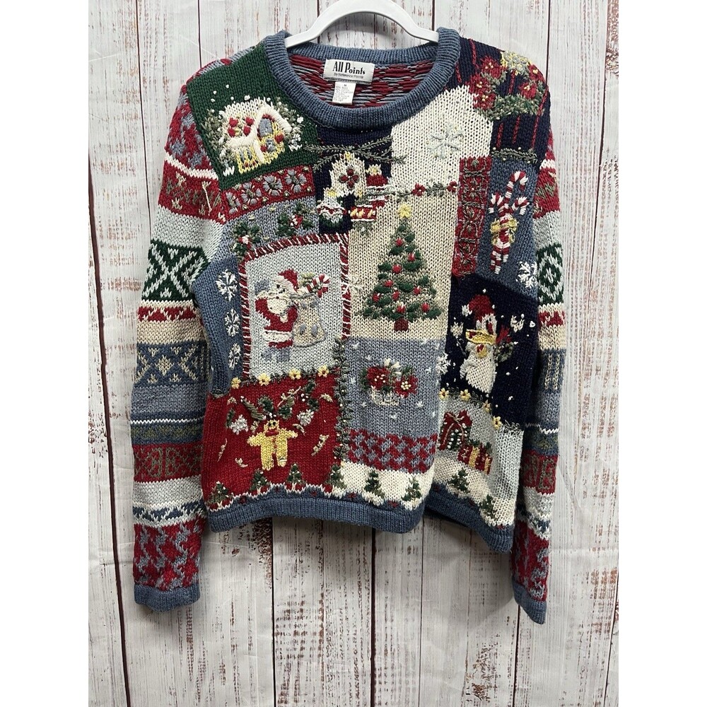 All Points Women's Multicolor Patchwork Holiday Crewneck Sweater